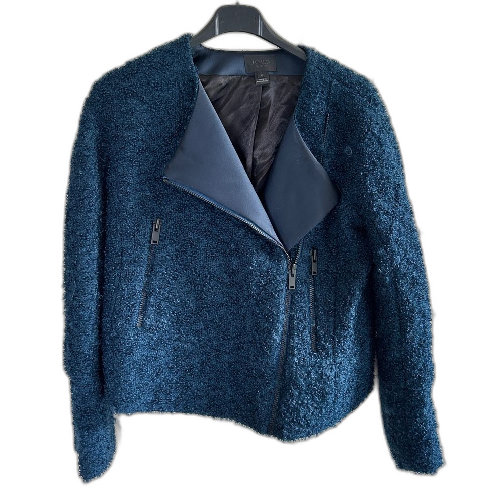 J Crew Collection Moto Jacket Boucle Silk Zip Up Womens 2 XS Blue Black Luxury